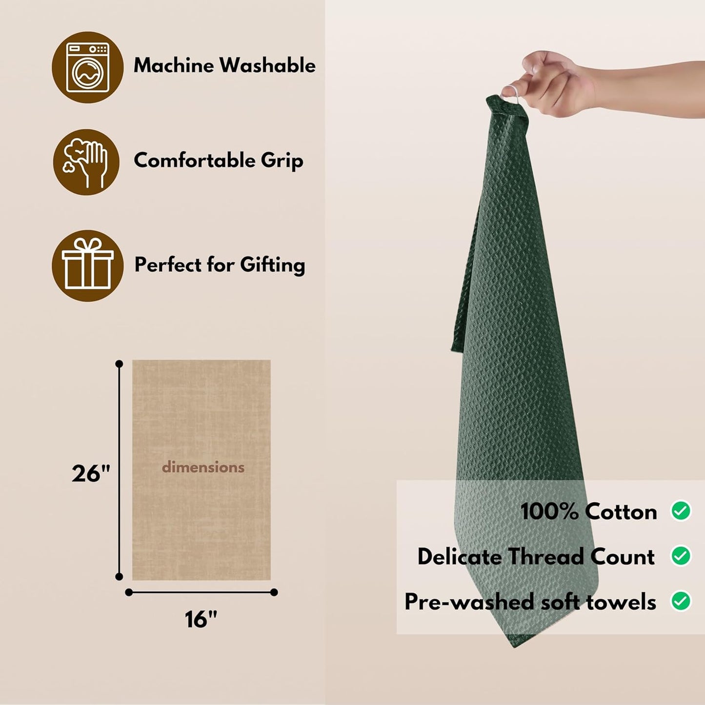 Native Fab Cotton Kitchen Towel with Hanging Loop 16x26 inches, 4-Pack, Waffle Weave Kitchen Towels for Cleaning Drying, Washcloths Soft & Absorbent Cloth Rags, Bar Towel, Dish Cloth, Olive Green