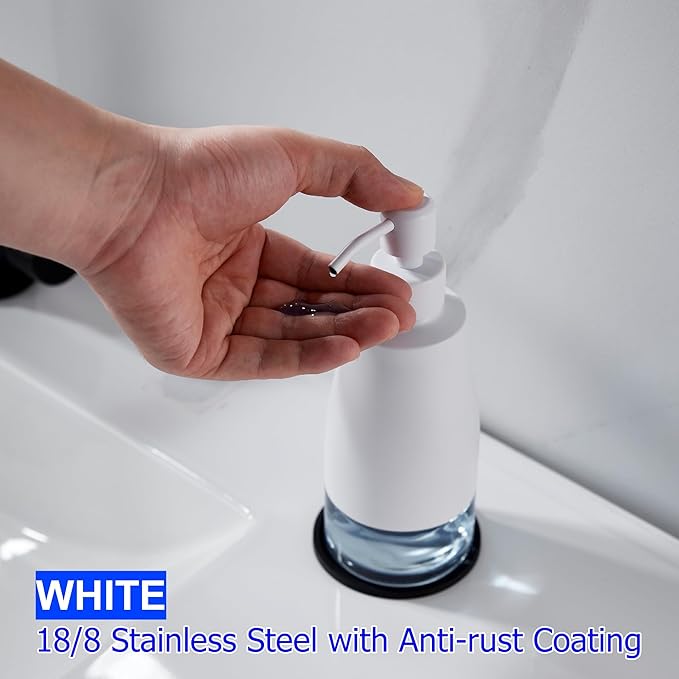 White Soap Dispenser with Coaster and Stickers, Stainless Steel and Glass Bottle Hand Pump Dispenser, Refillable Liquid Hand Soap Dispenser for Bathroom & Kitchen (11OZ / 320ML)