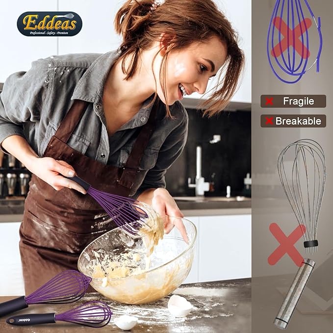 Silicone Whisk, Eddeas Whisk Non-Scratch Coated Whisks set of 3-Heat Resistant(450°F) Kitchen Wisk, Balloon Egg whisk Perfect for Blending, Whisking, Beating & Stirring, Purple
