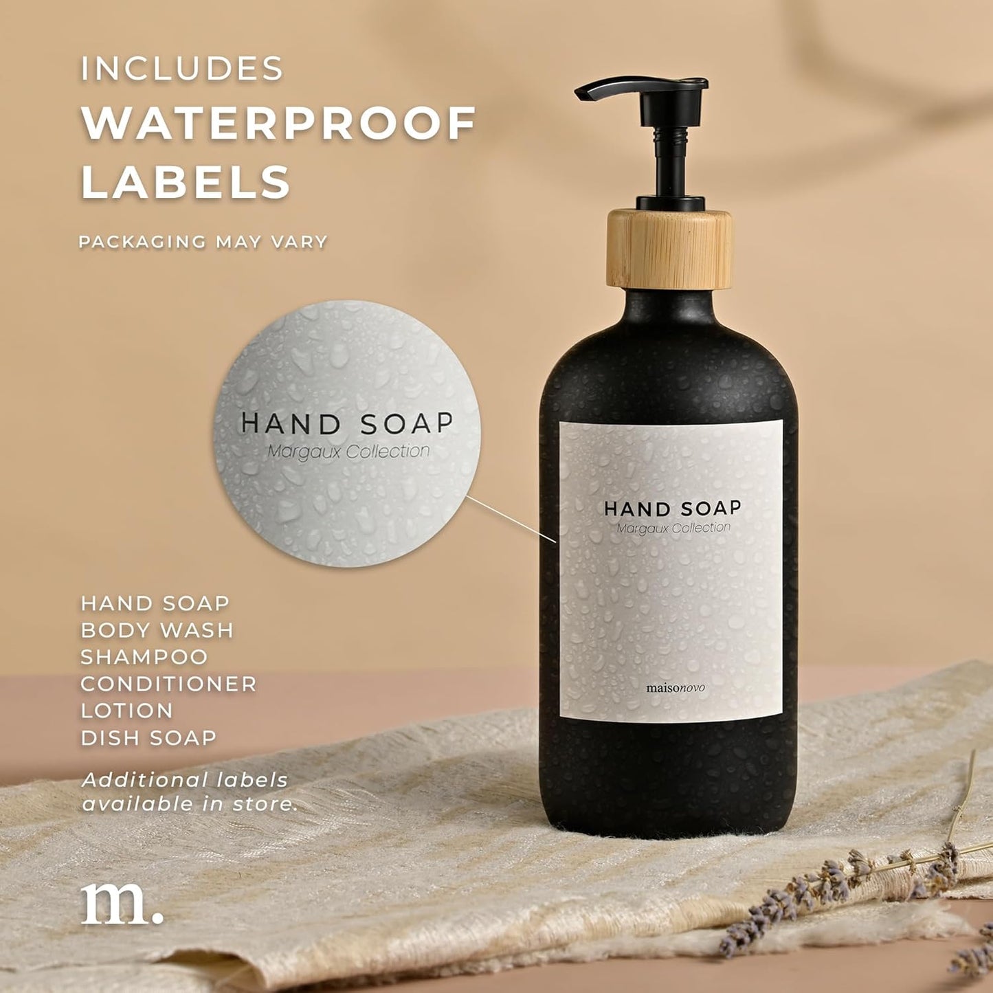 MaisoNovo Glass Hand Soap Dispenser | Dish Soap Dispenser for Kitchen | 16.9oz Black Bottles with Black Bamboo Pump | Bathroom Lotion Dispenser