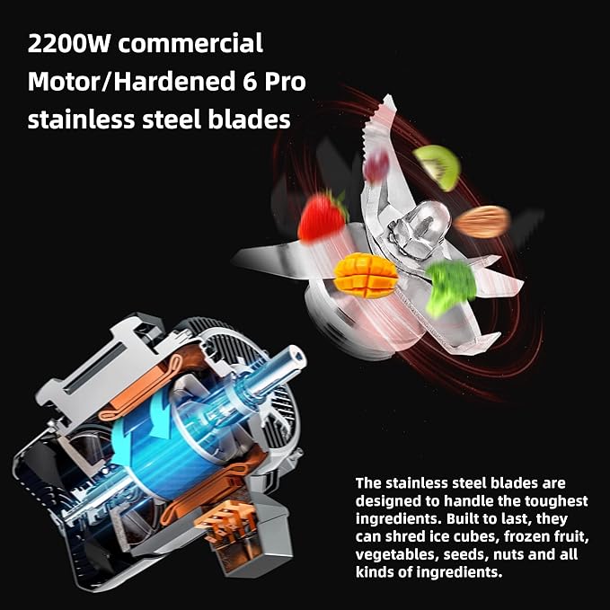 Biolomix Professional Blender, 2200W 3 Automatic Program Blender For Kitchen,2L capacity with 600ML Portable Bottle,Smoothie Blender for Smoothie, Soup,Baby food,Grain grinding(Black)