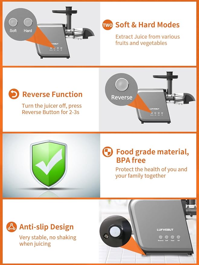 Electric Juicer Slow Smart Home Juicer Machines for Fruits Vegetable Ginger Beets Carrots Celery Cold Press Masticating Juicer Extractor Dishwasher Safe Quiet Motor Easy To Clean with Reverse Function