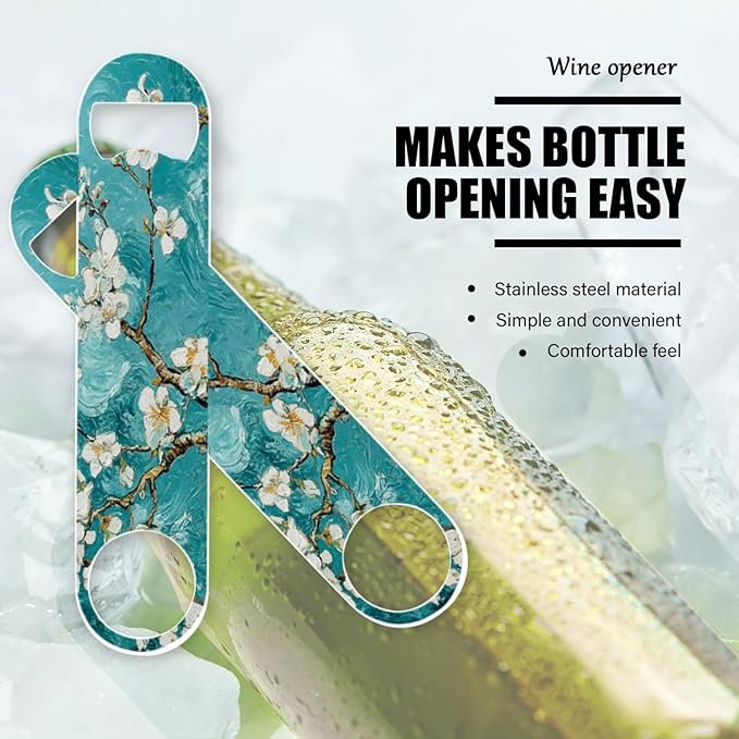 2 PACK Beer Bottle Opener, Stainless Steel Flat Bottle Openers,7 inch Metal Decor,Blue And White Almond Flowers