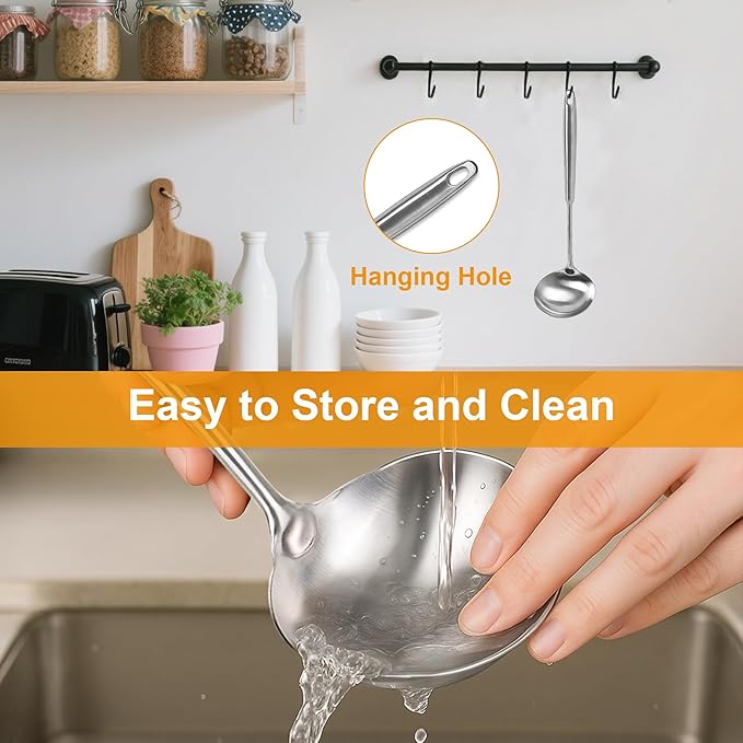 FJNATINH Stainless Steel Soup Ladle, Food Grade Metal Kitchen Utensil Ladle Spoon for Canning Soups Sauces, Easy to Clean, 15 Inches