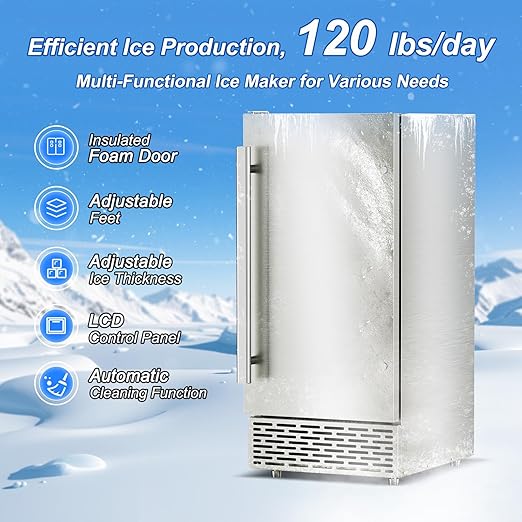 120LB/Day Commercial Under Counter Ice Maker with Smart LCD & Customizable Ice – Under Counter Freestanding, Built 25LBS Ice Storage 6-Min Quick Cycle, Energy Efficient