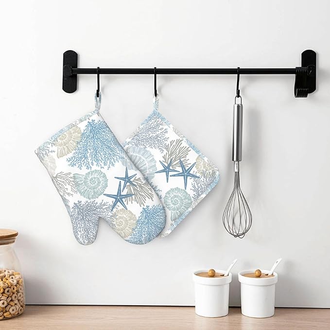 Nautical Coastal Oven Mitts and Pot Holders Sets Silicone Starfish Seashell Coral Beach Themed Kitchen Mitts Potholders Heat Resistant 4Pcs Ocean Oven Gloves Hot Pads for BBQ Grilling,Blue