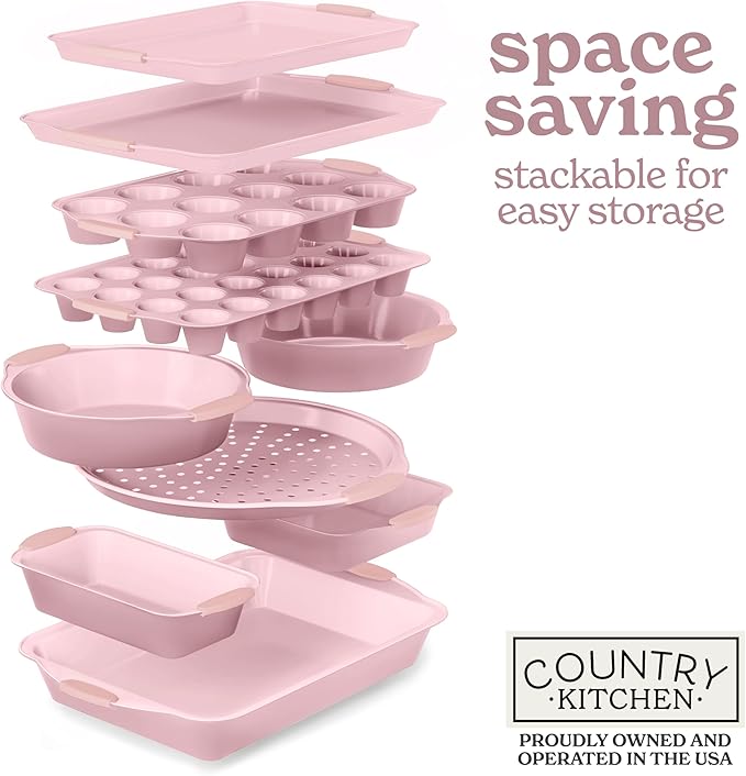Country Kitchen Nonstick Stackable Bakeware Set - Heavy Duty, Durable, Easy Release Baking Set, Pink, 10 Pcs