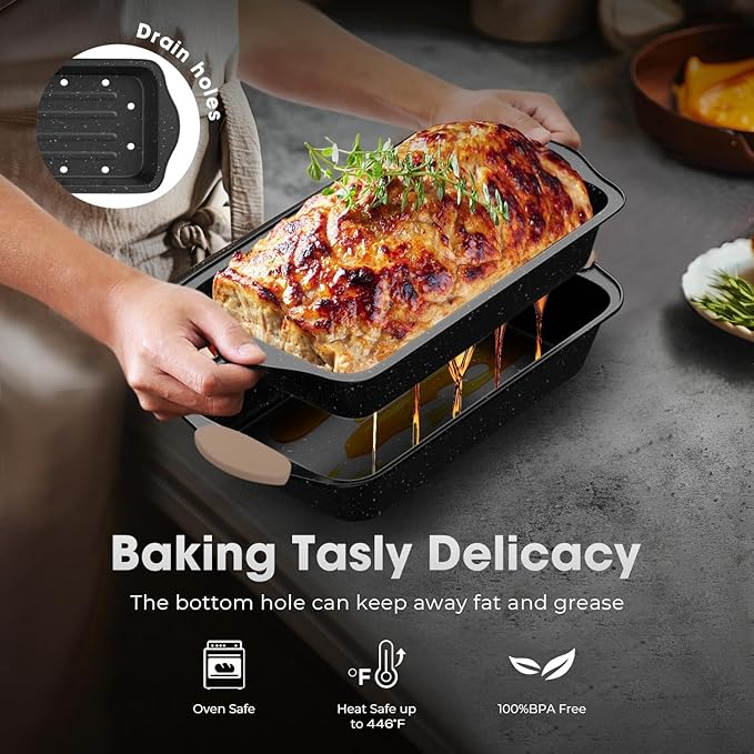 11-Piece Baking Pans Set, Nonstick Bakeware Sets, Oven Pans for Baking with Silicone Handles, Includes Cookie Sheet, Cake Pans, Loaf Pan, Pizza Pan, Muffin Pan, Khaki&Black¡