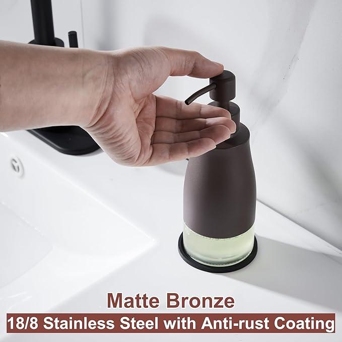 Bronze Soap Dispenser with Coaster and Stickers, Stainless Steel and Glass Bottle Hand Pump Dispenser, Refillable Liquid Hand Soap Dispenser for Bathroom & Kitchen (11OZ / 320ML)