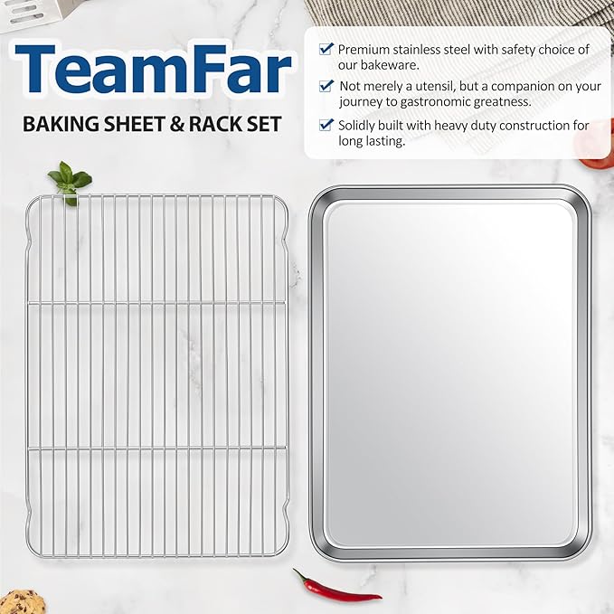 TeamFar Baking Sheet with Rack Set, Stainless Steel Baking Pan Cookie Sheet with Cooling Rack, Size 17.6 x 13 x 1inch, Non Toxic & Heavy Duty, Easy Clean & Dishwasher Safe