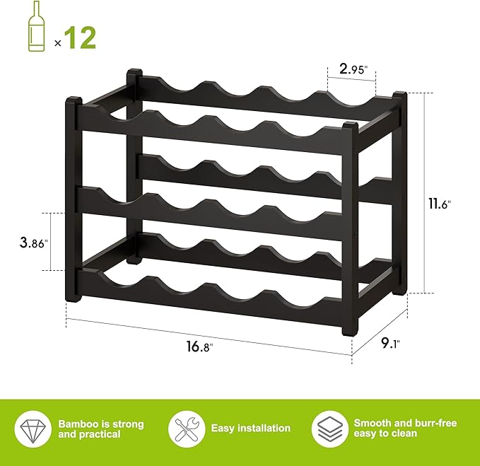BMOSU Bamboo Wine Rack Wine Storage Cabinet Shelf 12 Bottle Wine Racks Countertop Sturdy for Kitchen Dining Room Pantry - 3 Tiers Wine Rack (Black)