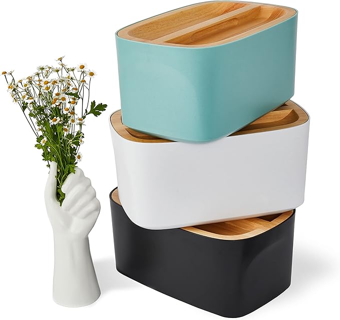 Sonder Los Angeles, Modern Bamboo Fiber and Recycled Plastic Bread Box (Blue Green) for Kitchen Countertop with Reversible Bread Board Wood Lid 14.25 x 9.25 x 7 in