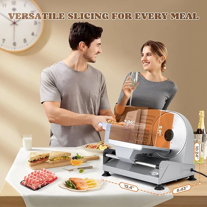 Moongiantgo Meat Slicer 200W With 2 Removable 7.5’’ Stainless Steel Blades, Deli Food Slicer 0-15MM Thickness Adjustable, Child Lock Protection, Meat Fruit Cheese Bread Slicer Machine, 110V