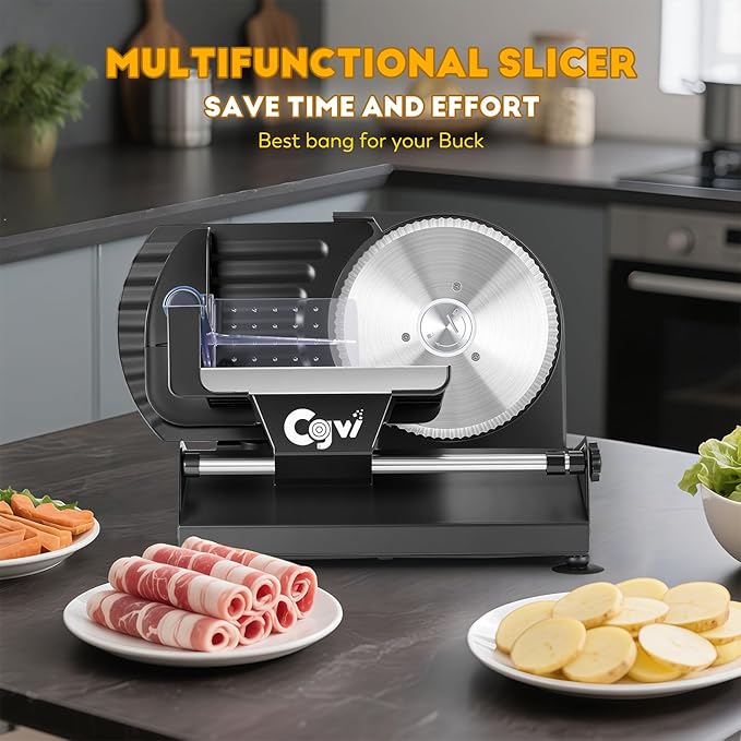 Meat Slicer, 220W Electric Deil Food Slicer with 2 Removable 7.5" Blades, 4/5" Adjustable Thickness, Food Slicer Machine for Home Cutting Meat Cheese Bread Vegetables, 110V CE