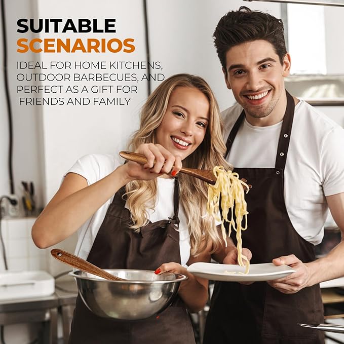 AIUHI Teak Wood Pasta Server, Wooden Spaghetti Noodle Spoon with Teech, Long Handle Spaghetti Fork and Scoop Set (2 Pcs)