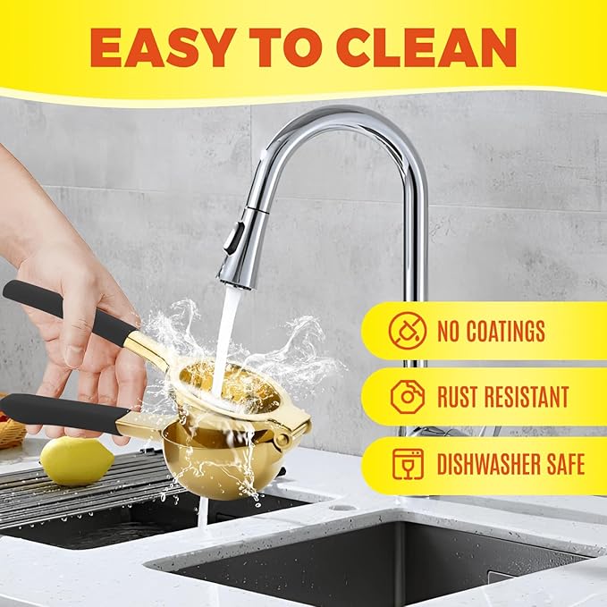 SHIKORI Gold & Black Heavy Duty Lemon Squeezer, 304 Stainless Steel Manual Citrus Press Juicer, 15% More Juice, Easy to Clean