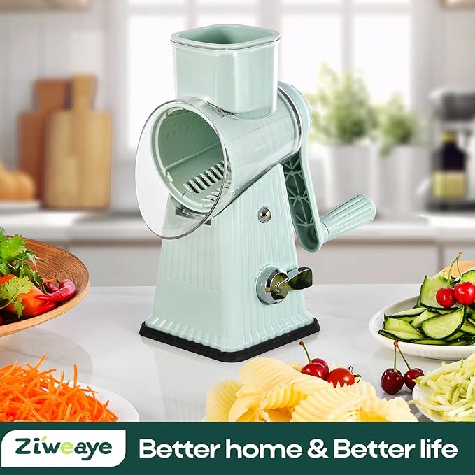 Rotary Cheese Grater, Vegetable Shredder 5 in 1 Cheese Grater with Handle edder Reinforced Suction,Easy to Clean,Kitchen Chopper for Crushed Ice,Fruits and Nuts with Blade Storage Case(Green)