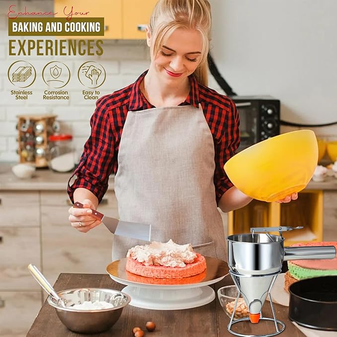 40oz Pancake Batter Dispenser Stainless Steel with Metal Spatula, Stand, Squeeze Handle and Versatile Silicone Funnel, Baking Tool for for Pancake, Cake, Cupcake, Waffles and Muffins Making