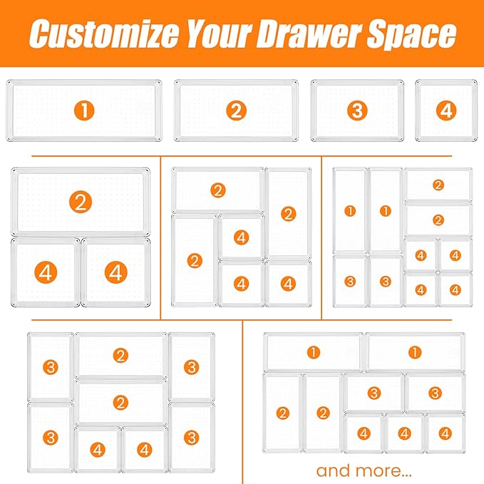 Criusia 18 Pcs Large Size Clear Drawer Organizer Set, Acrylic Non Slip Non Cracking Kitchen Drawer Storage Tray Divider, Multifunctional Storage for Cosmetics, Bathroom, Tools, Kitchen and Office