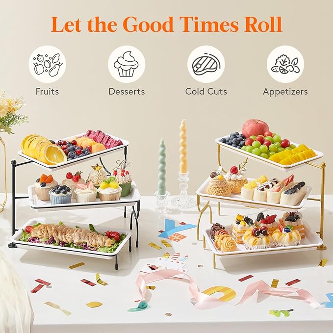 Lifewit 3 Tiered Tray Stand for Party Entertaining, 12"×6.5" Serving Platters and Trays, Reusable Plastic Trays with Stable Gold Mental Stand for Veggie, Fruit, Cookies, Dessert