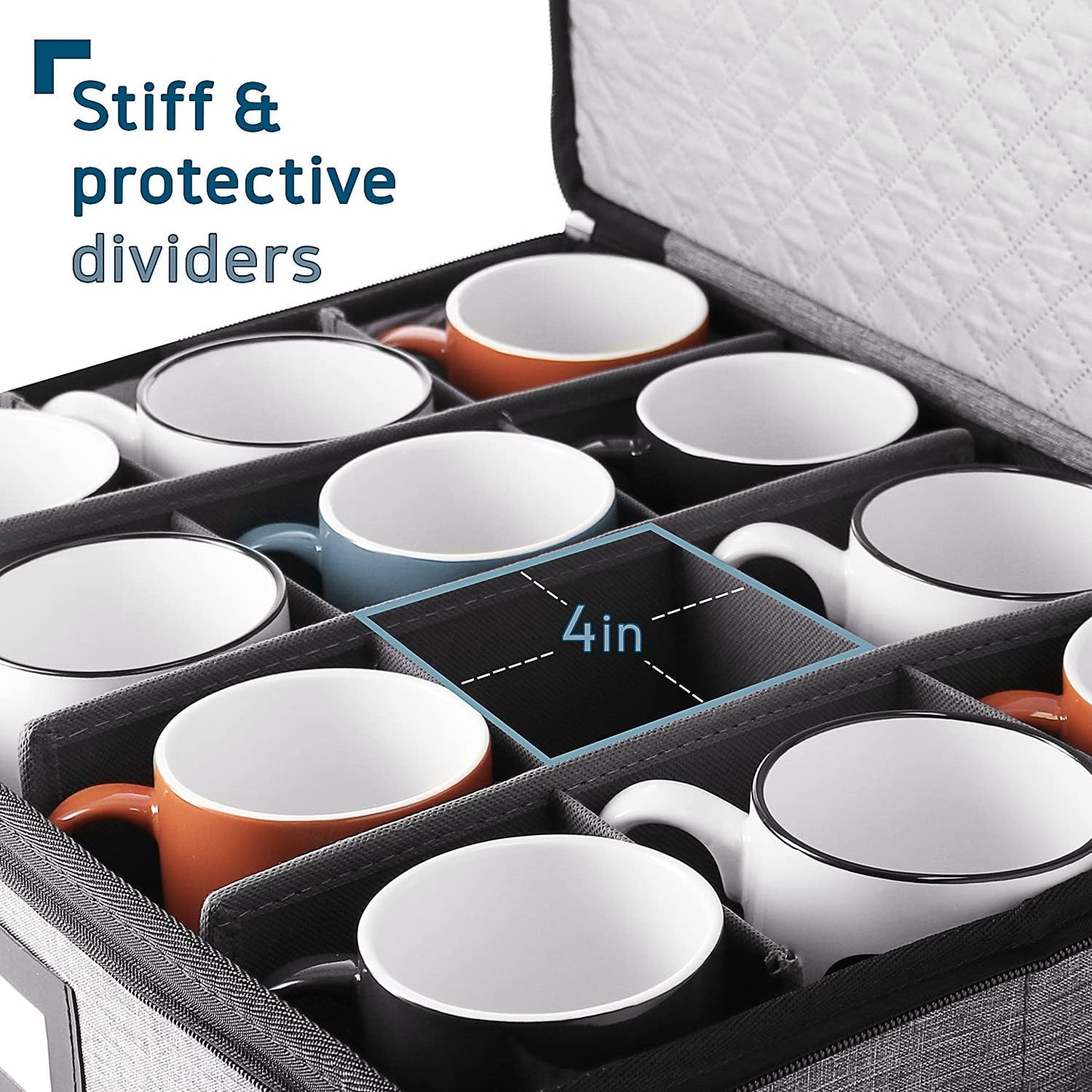 Fine China Storage Containers, 5 Piece Quilted Dish Storage Containers, Mug, Cup, and Plate Dish Organizer with Felt Dividers, Service of 12 Dinnerware Boxes for Moving, Seasonal Organization, Grey