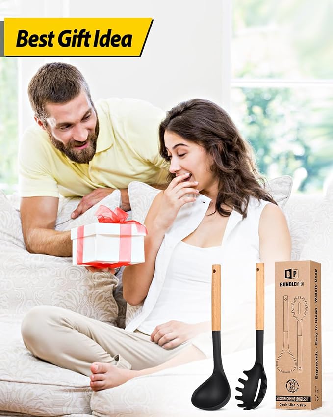 Silicone Pasta Fork and Ladle Spoon Set with Wooden Handle, Heat Resistant Non Stick Kitchen Utensils for Cooking, Stirring, Serving Spaghetti, Soup, Sauce(BLACK)