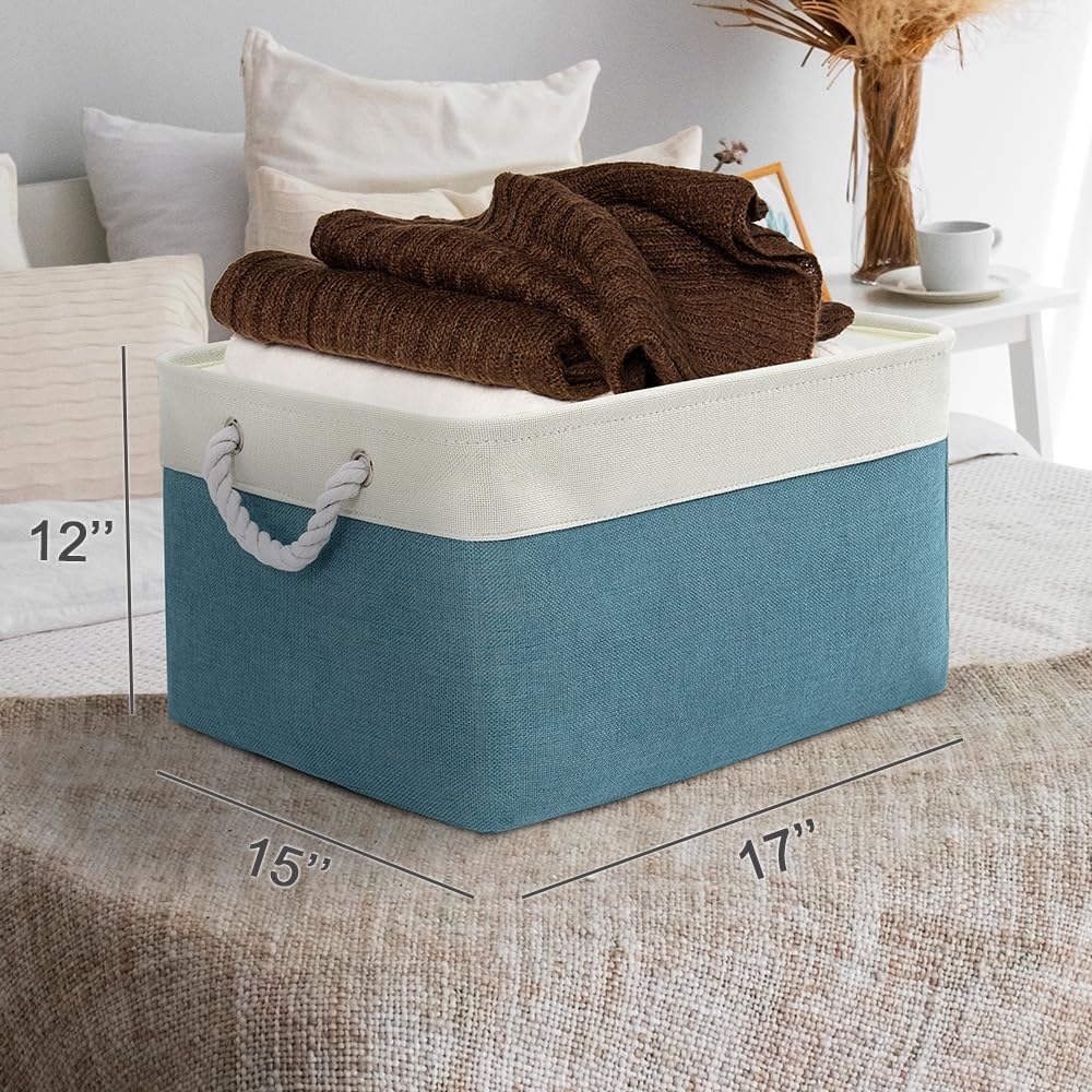 Storage Basket for Organizing - 17X15X12 inch 2 Pack Canvas Storage Bin for Shelves, Fabric Storage Cubes for Cloth Decorative Books Nursery (White & Green)