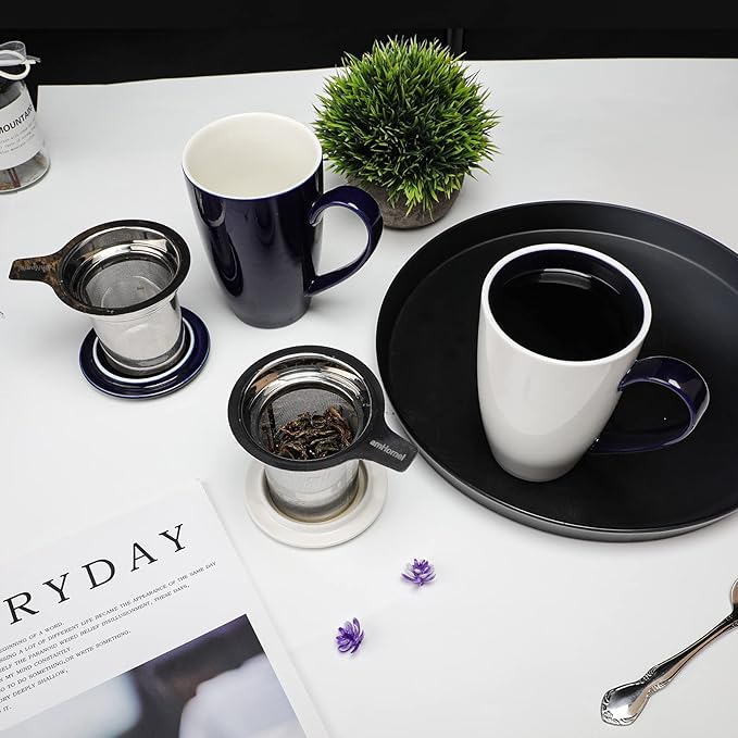 amhomel Porcelain Tea Mug with Infuser and Lid, 16 Ounce Ceramic Tea Cup for Loose Leaf, Coffee, Cocoa and Milk, Tea Gift for Tea Lovers, Set of 2(Navy Blue and White)