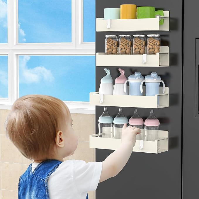 4 Pack Magnetic Spice Rack Organizer for Refrigerator and Oven, Cream White Fridge Organizers and Storage for Kitchen