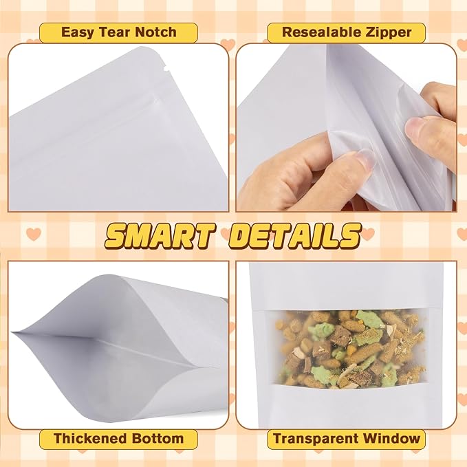 50 Pack Smell Proof Bag, Stand Up Zip Lock Bags, Cookie Bags with Seal, Resealable Pouches, Packing Bags for Cheese, Herbs, Coffee, Spice, Nuts, Soap, Bath Salts, Party Favors, Tea