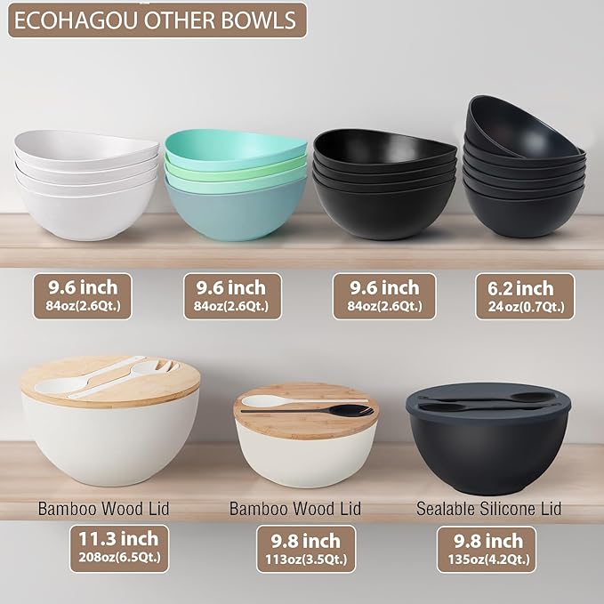 11.3" Extra Large Salad Bowl with Wooden Lid & Servers, 208Oz, Oversized Bamboo Fiber Salad Serving Set with Utensils for Home/Kitchen, Big Lightweight Bowl for Mixing Salad,Fruit,Pasta - Matte Black