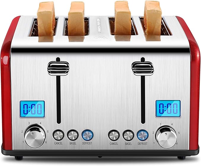Countdown Stainless Steel 4 Slice Toaster with Bagel, Defrost, Cancel Function, Dual Toaster, Extra Wide Slots, 6 Shade Settings, Removable Crumb Trays, 1650W, Red