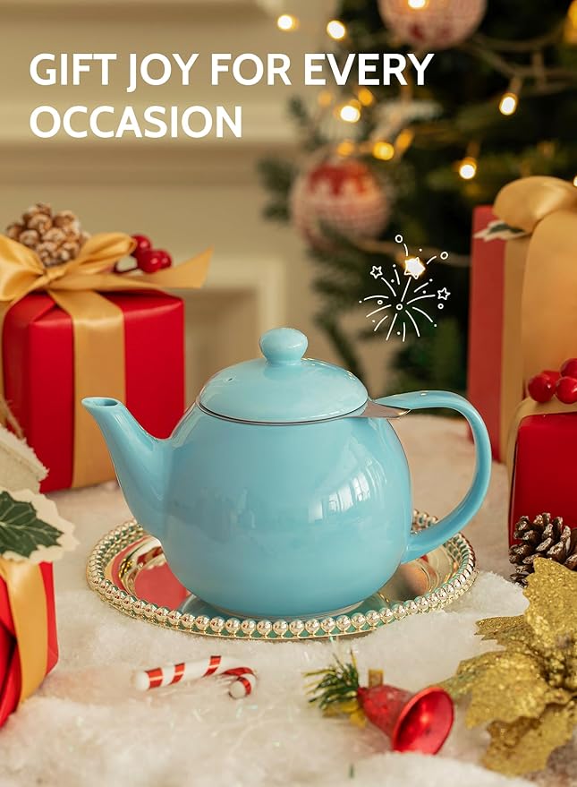 Sweese Teapot, Porcelain Tea Pot with Stainless Steel Infuser, Blooming & Loose Leaf Teapot - 27ounce, Turquoise