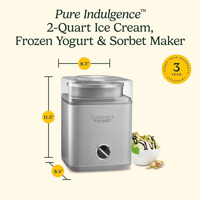 Cuisinart Ice Cream Maker Machine, 2-Quart Ice Cream, Sorbet and Frozen Yogurt Machine, Fully Automatic Double-Insulated Freezer Bowl Makes Frozen Desserts in Under 30 Minutes, ICE30BCP1, Silver