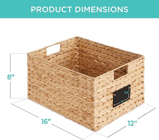 Best Choice Products Pantry Baskets Set of 2 16x12in Water Hyacinth Storage Baskets, Woven Wicker Organizers with handles w/Chalkboard Label Chalk Marker - Natural