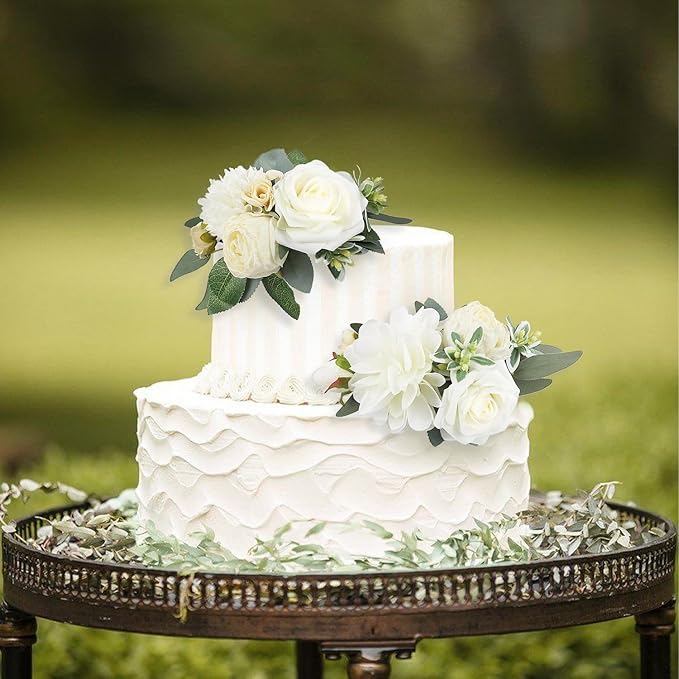 Rinlong 3Pcs Pre-made Cake Flowers Toppers White Green Cake Decorations Wedding Cake Decorating Flowers Decor Birthday Baptism Party Cake Topper