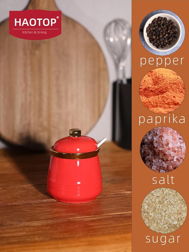 HAOTOP 12oz Sugar Bowl with Lid and Spoon,Simple Ceramic Sugar Jar Sugar Container Sugar Dispenser Coffee Bar Accessories, Modern Kitchen Countertop Canisters, Red