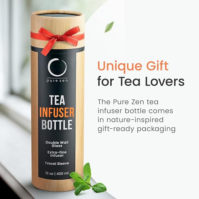 Pure Zen Tea Tumbler with Infuser - Double Wall Glass Travel Mug with Stainless Steel Filter - Leakproof Tea Infuser Bottle for Loose Leaf Infusions and Fruit Infused Water - Unique Gift Set - 13 oz