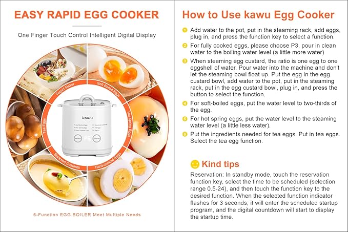 kawu 6-Function Egg Cooker for Hard Boiled Eggs, Egg Boiler with Timer, Egg Cooker for Soft Boiled Egg, Electric Egg Boiler with Auto Shut Off &Alarm, W/Bowl&Rack