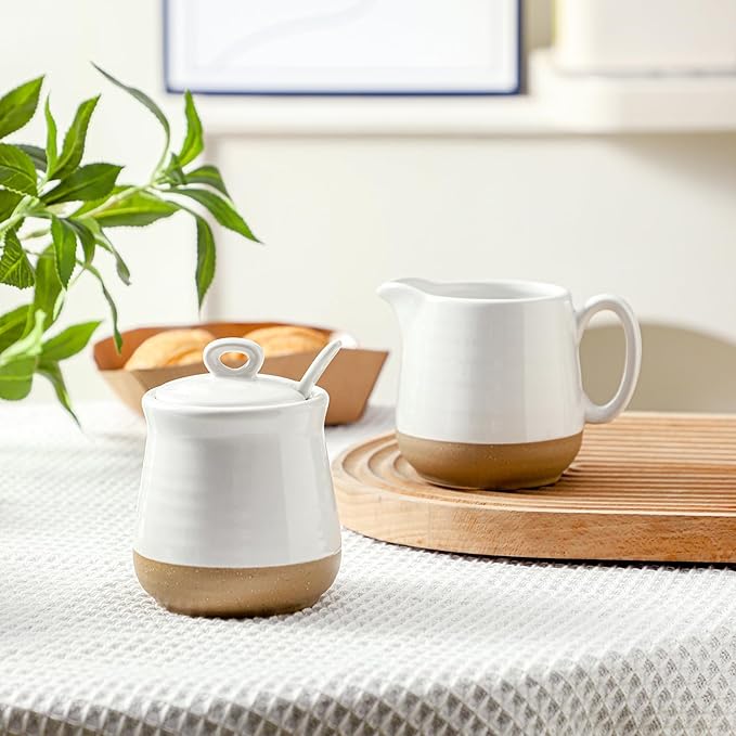 Hasense Ceramic Sugar and Creamer Set, 3 Piece Coffee Serving Set with Cream Pitcher, Sugar Bowl, Lid & Spoon, 10 Ounce Sugar and Creamer Set for Coffee Bar, Perfect for Wedding Gift (White)