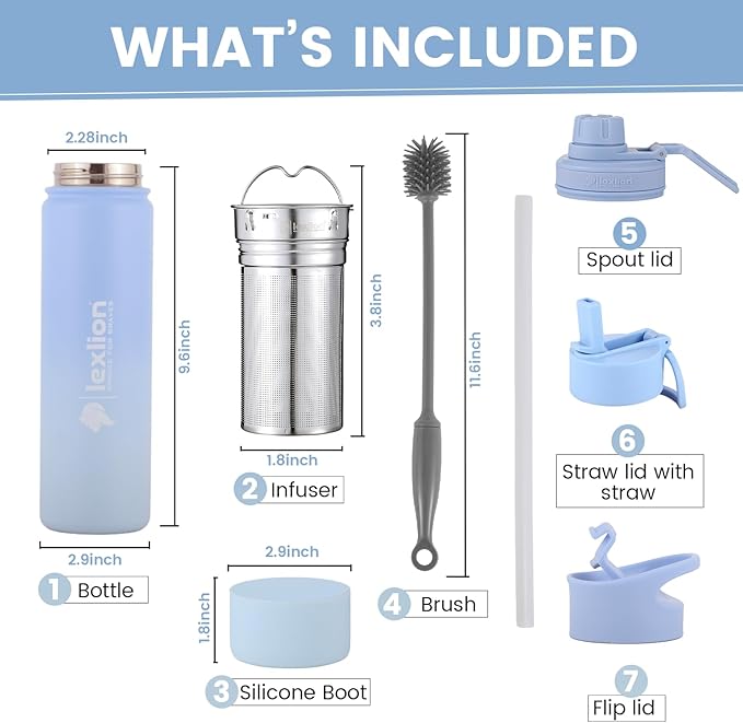 Lexlion Tea Infuser Water Bottle 22 Oz, Triple Walled Insulated Stainless Steel Bottle, Thermal Fruit Leaf Infuser, Silicone Sleeve, 3 Lids Leakproof, Metal Mug Gallon
