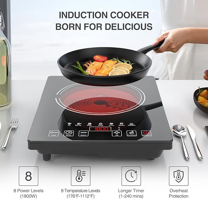 Electric Cooktop, Portable Electric Cooktop 1800W Single Burner Stove with LED Touch Screen, 8 Power & 8 Temperature Levels, Timer, 110V-120V Hot Plate for Home Camping