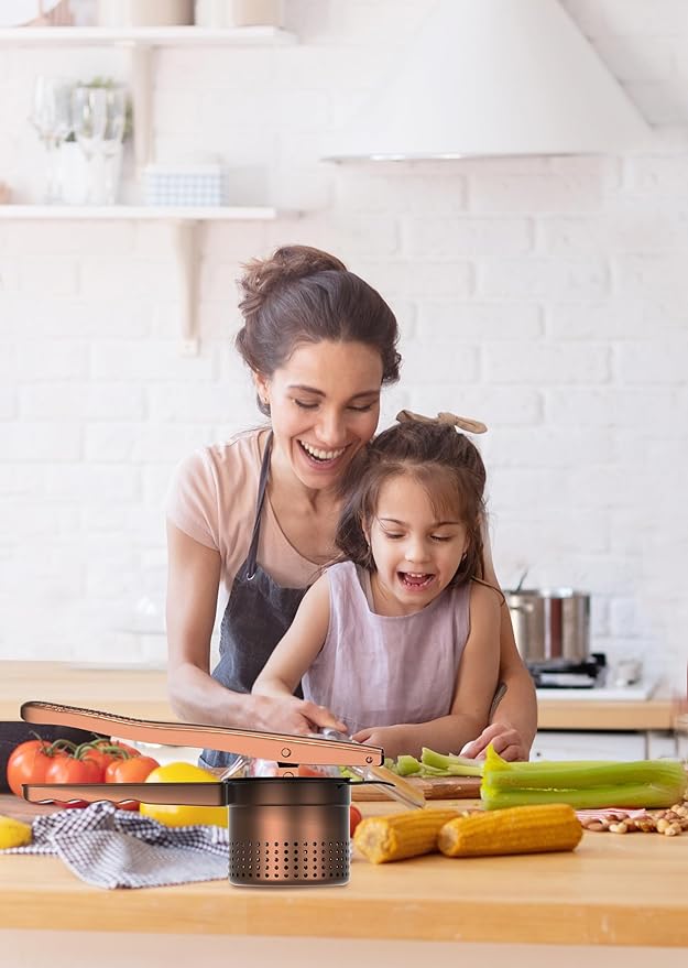 Large 15oz Potato Ricer Masher, Heavy Duty Stainless Steel Potato Masher with Ergonomic Handle, Masher and Ricer Kitchen Tool for Mashed Potatoes, Noodle Maker, Bronze Color