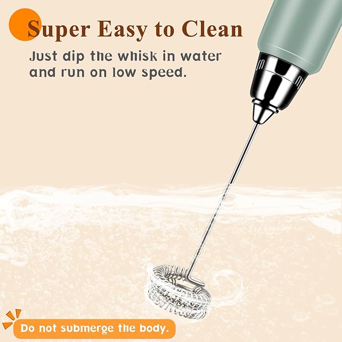 Milk Frother Handheld Rechargeable, Frother Wand Drink Mixer Electric Whisk for Coffee, Detachable With 3 Stainless Whisks, Hand Mixer for Lattes, Cappuccino, Matcha, No Stand, Sage Green