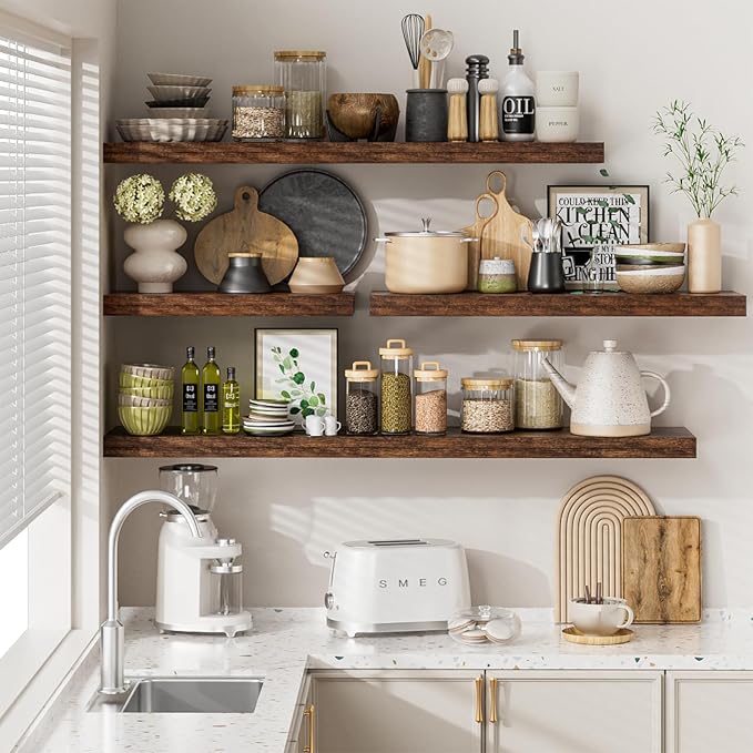 Heimlove 48W x 12D Long Floating Shelf, 12 Inch Deep Floating Shelves for Wall Set of 2, Wood Shelves for Bedroom Living Room Bathroom Kitchen Home Office, Rustic Brown