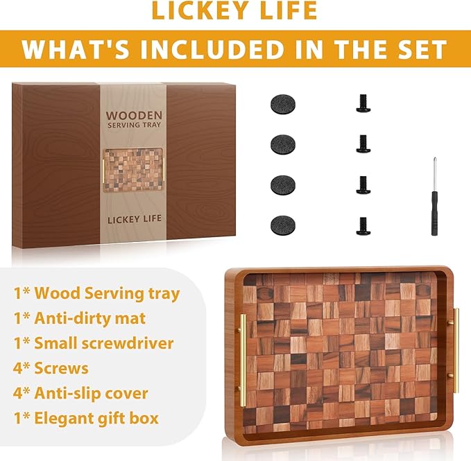 Wooden Serving Tray with Handles Mat, Decorative Coffee Table Trays, Wood Ottoman Tray for Serving Food Drink Breakfast Dinner,1 Pcs