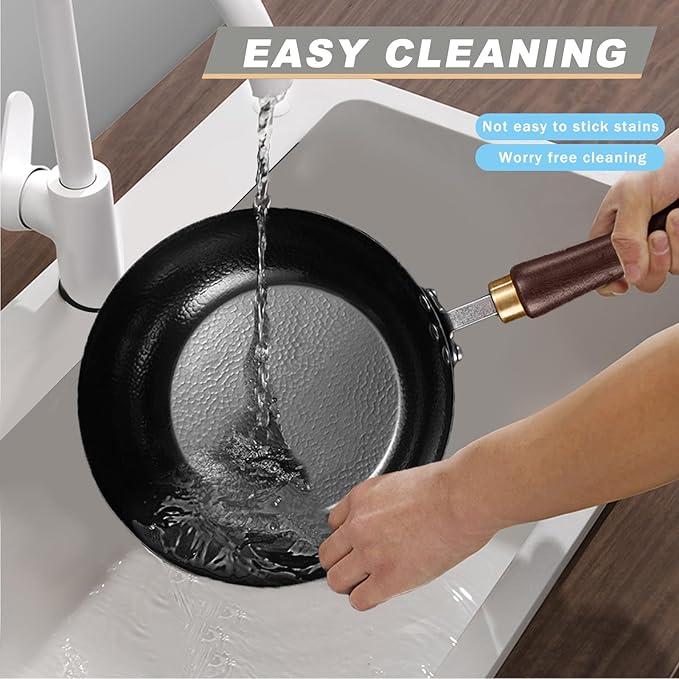 Carbon Steel Wok Pan, 10.2 “ Woks & Stir-Fry Pans with Wooden Lid Cookwares, Nonstick Wok, No Chemical Coated Flat Bottom Hand Hammered Chinese Wok For for Electric, Induction, for All Stoves