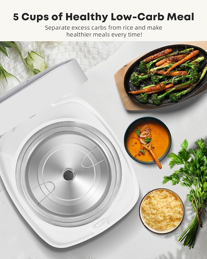 Novaspark Low Carb Rice Cooker Stainless Steel Inner Pot, Mini Stainless Steel Rice Cooker Small 5 Cup, LED Display Low Sugar Rice Maker, 24H Timer and Auto Keep Warm, White Rice/Porridge/Oatmeal, White