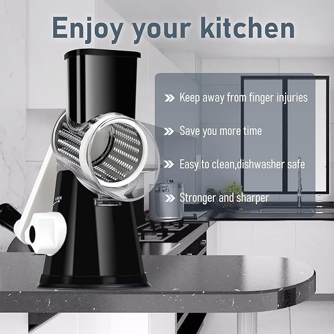 KEOUKE Rotary Cheese Grater with Handle - 3 Changeable Blades for Cheese, Vegetables, Nuts - Black