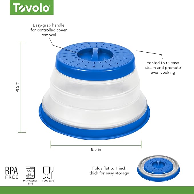 Tovolo Microwave Splatter Cover for Food, Small (Blue) - Collapsible & Vented Silicone Splatter Guard Lid - Microwave Plate & Dish Cover with Handle - BPA-Free Kitchen Gadget for Meal Prep